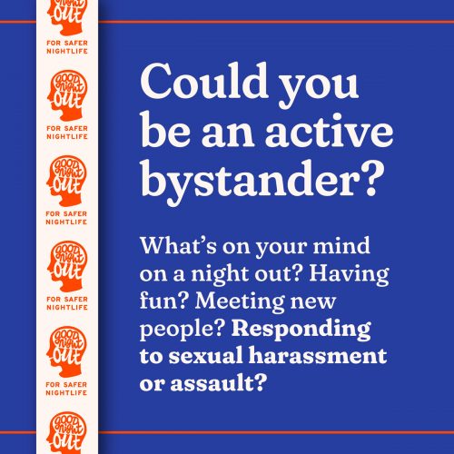 Good Night Out's Bystander Guide cover. Text reads 'could you be an active bystander? What's on your mind on a night out? Having fun? Meeting new people? Responding to sexual harassment or assault?'