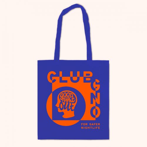 Club GNO blue tote bag front. Orange text reads 'Club GNO. For safer nightlife.'